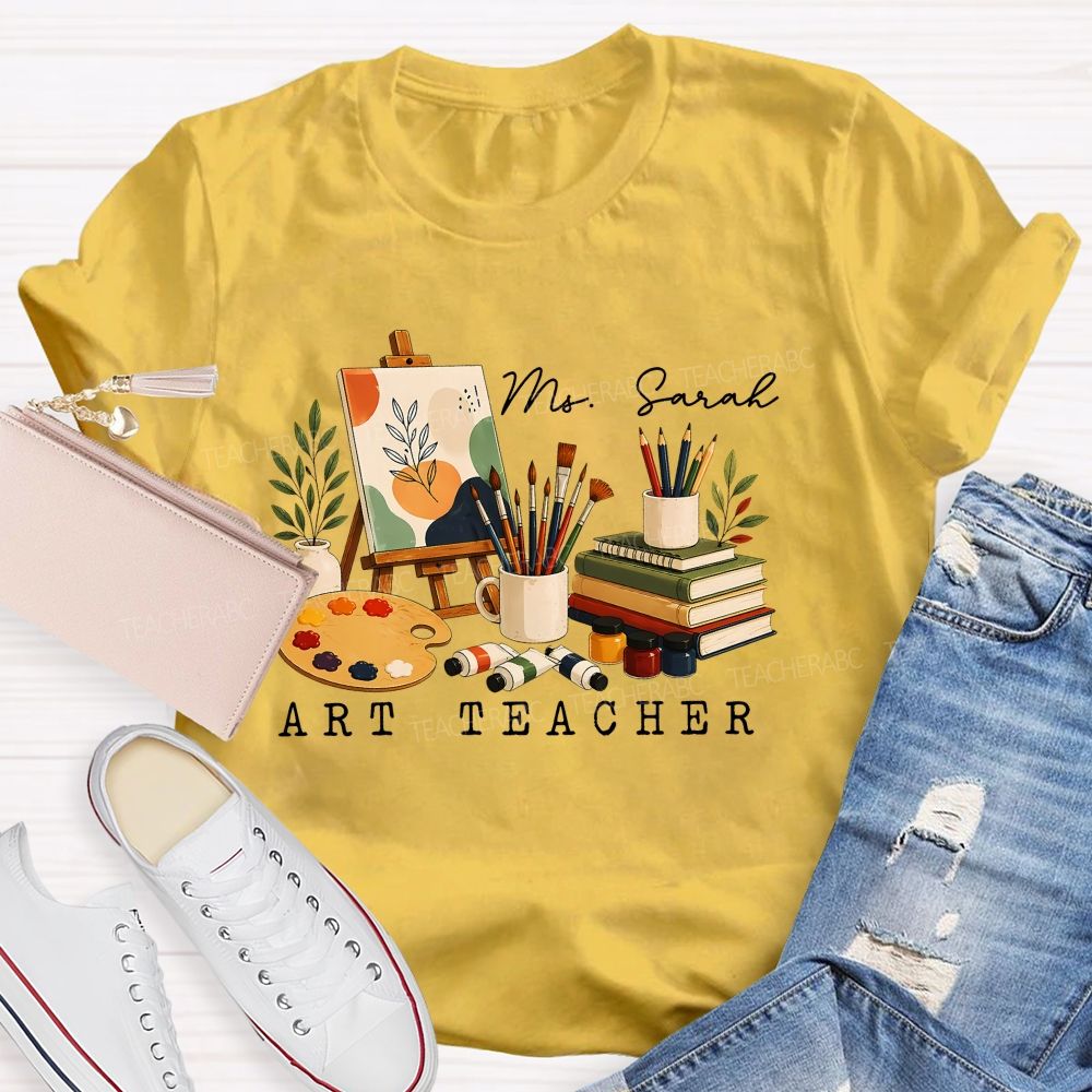 Personalized Name Art Teacher Pattern Teacher T-shirt