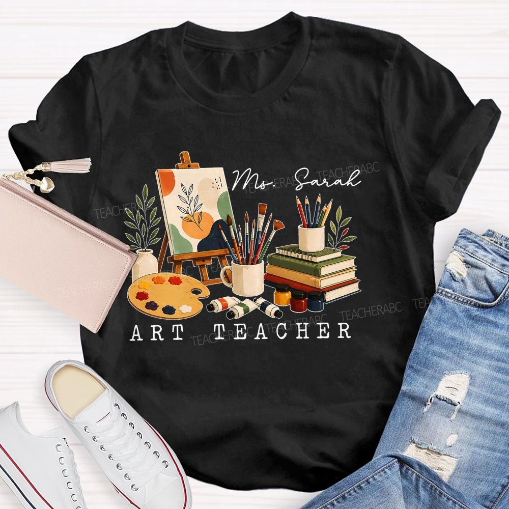 Personalized Name Art Teacher Pattern Teacher T-shirt