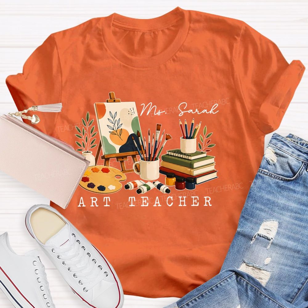 Personalized Name Art Teacher Pattern Teacher T-shirt