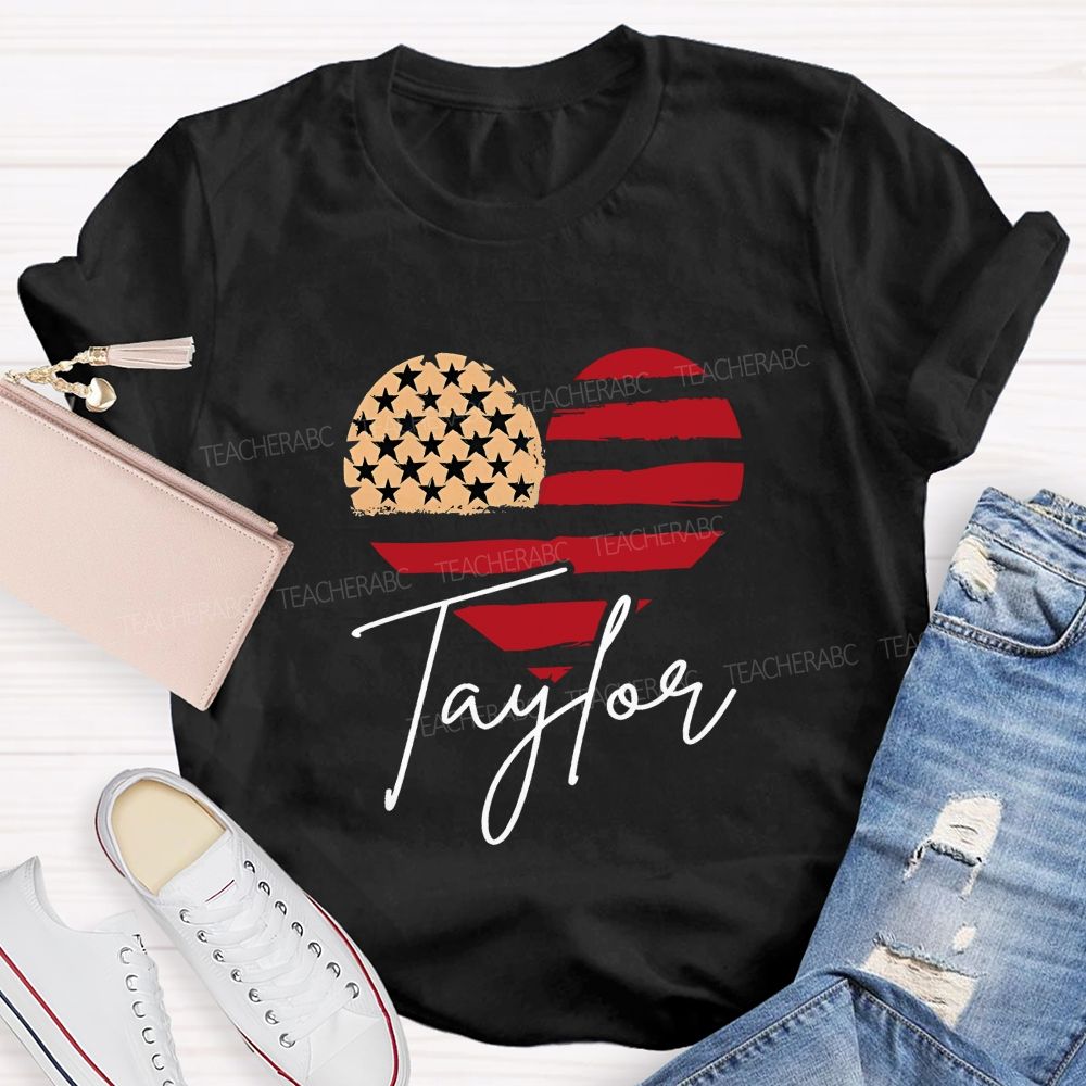 Personalized Name Brushstroke American Flag Heart Teacher T-shirt