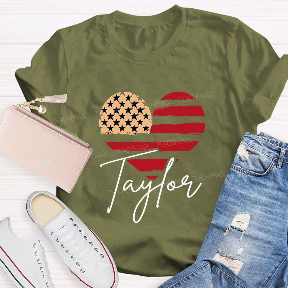 Personalized Name Brushstroke American Flag Heart Teacher T-shirt