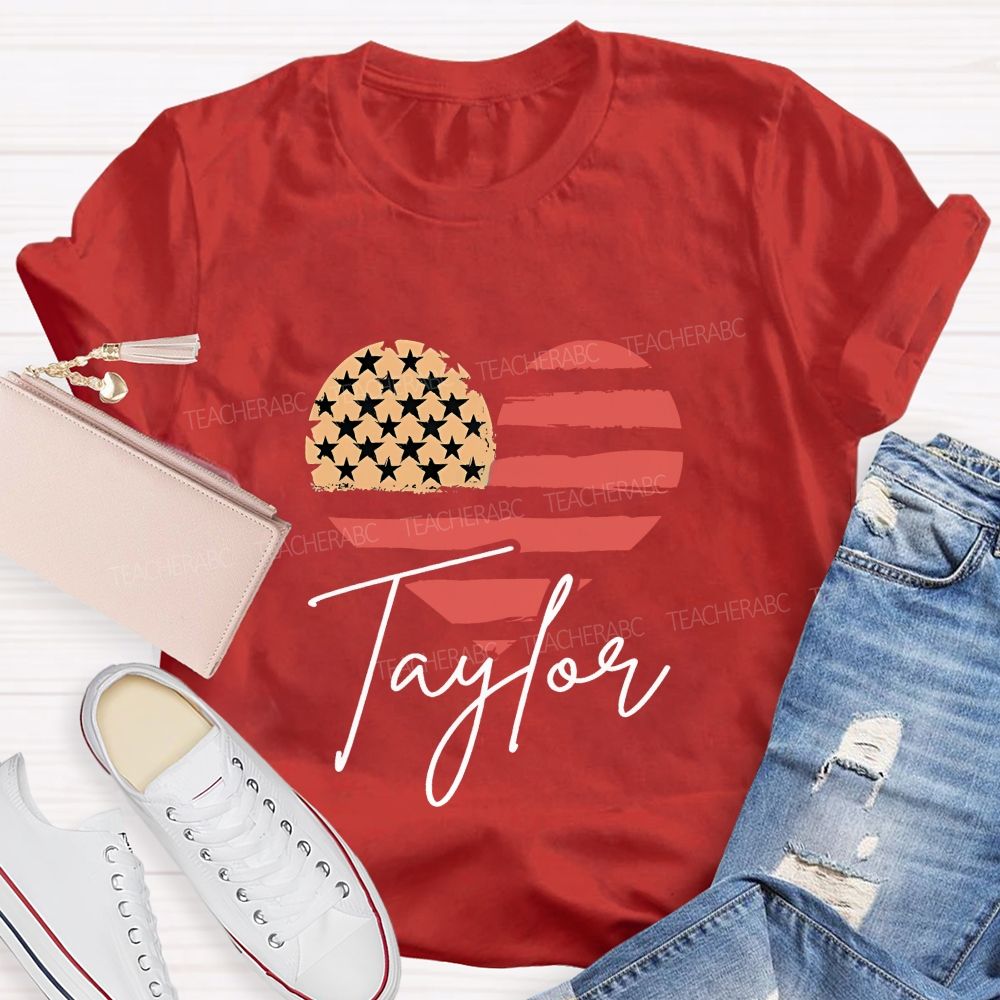 Personalized Name Brushstroke American Flag Heart Teacher T-shirt
