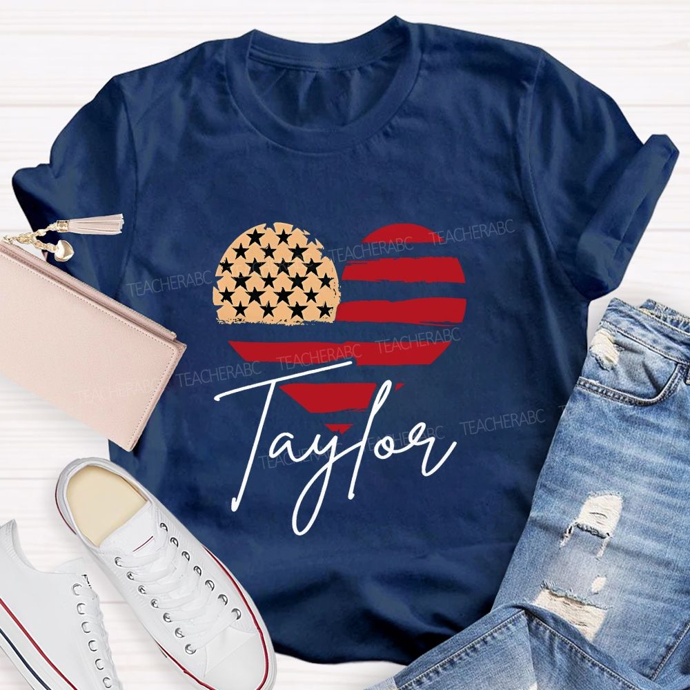 Personalized Name Brushstroke American Flag Heart Teacher T-shirt