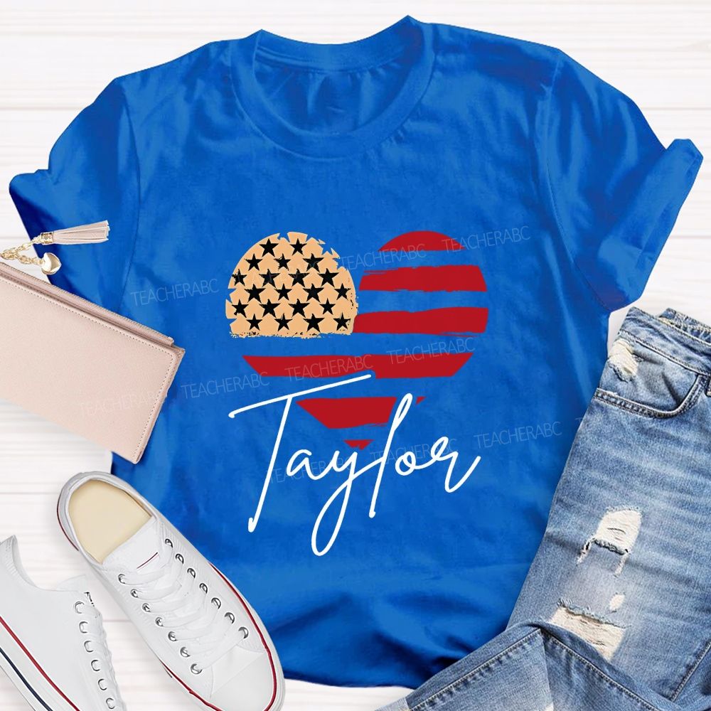 Personalized Name Brushstroke American Flag Heart Teacher T-shirt