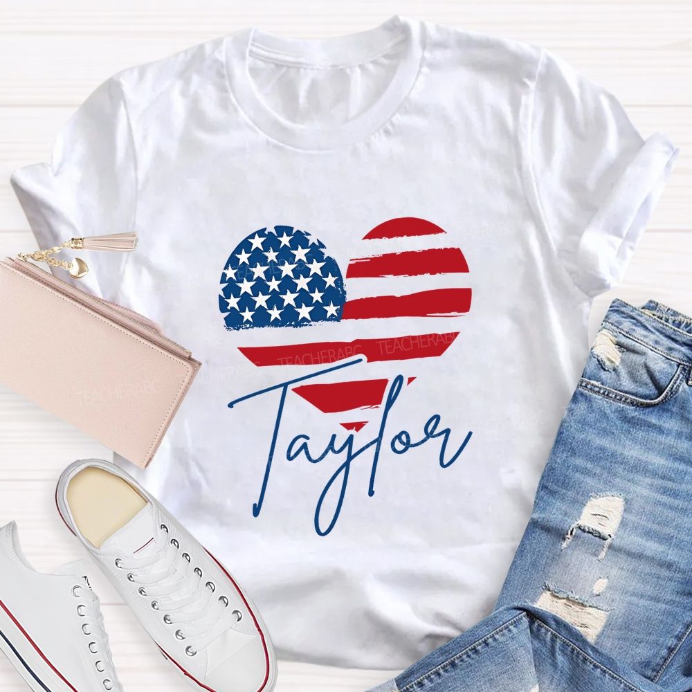 Personalized Name Brushstroke American Flag Heart Teacher T-shirt
