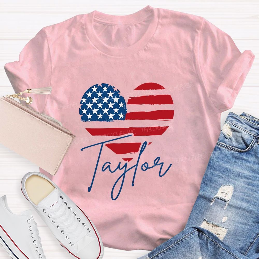 Personalized Name Brushstroke American Flag Heart Teacher T-shirt