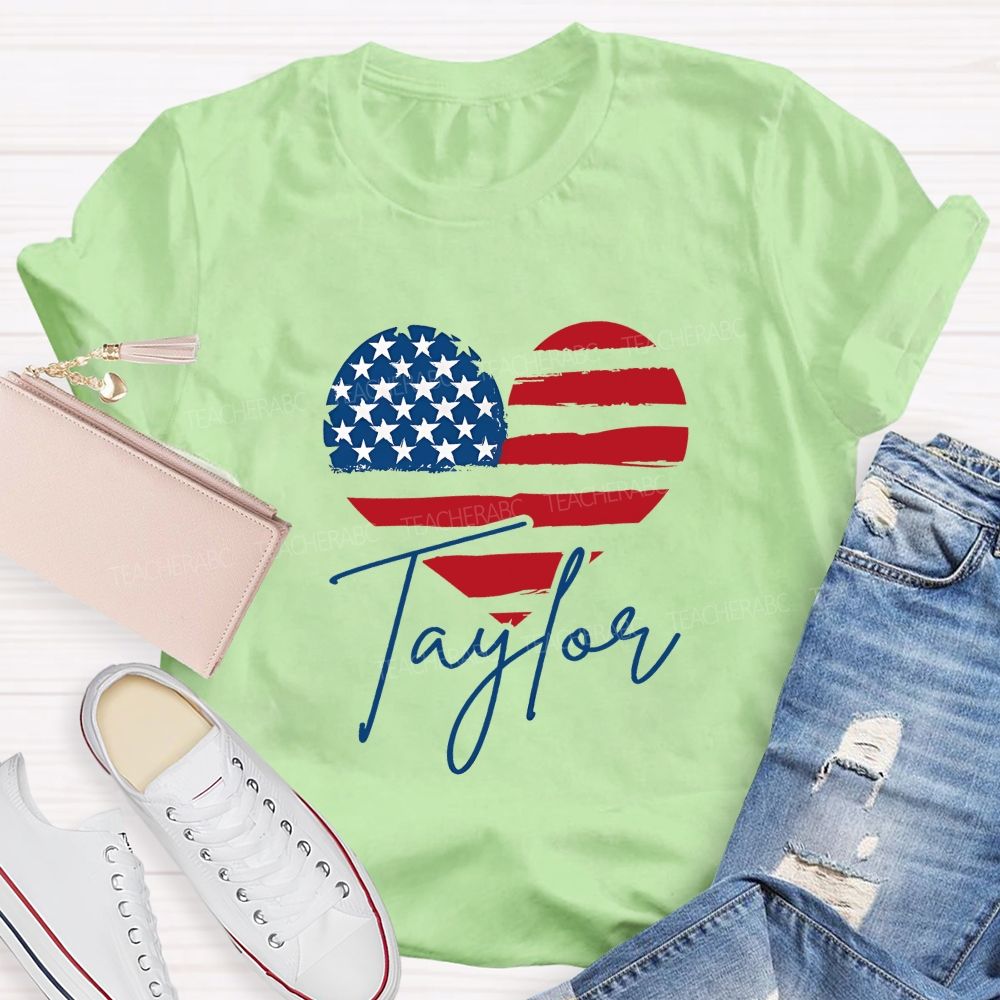 Personalized Name Brushstroke American Flag Heart Teacher T-shirt