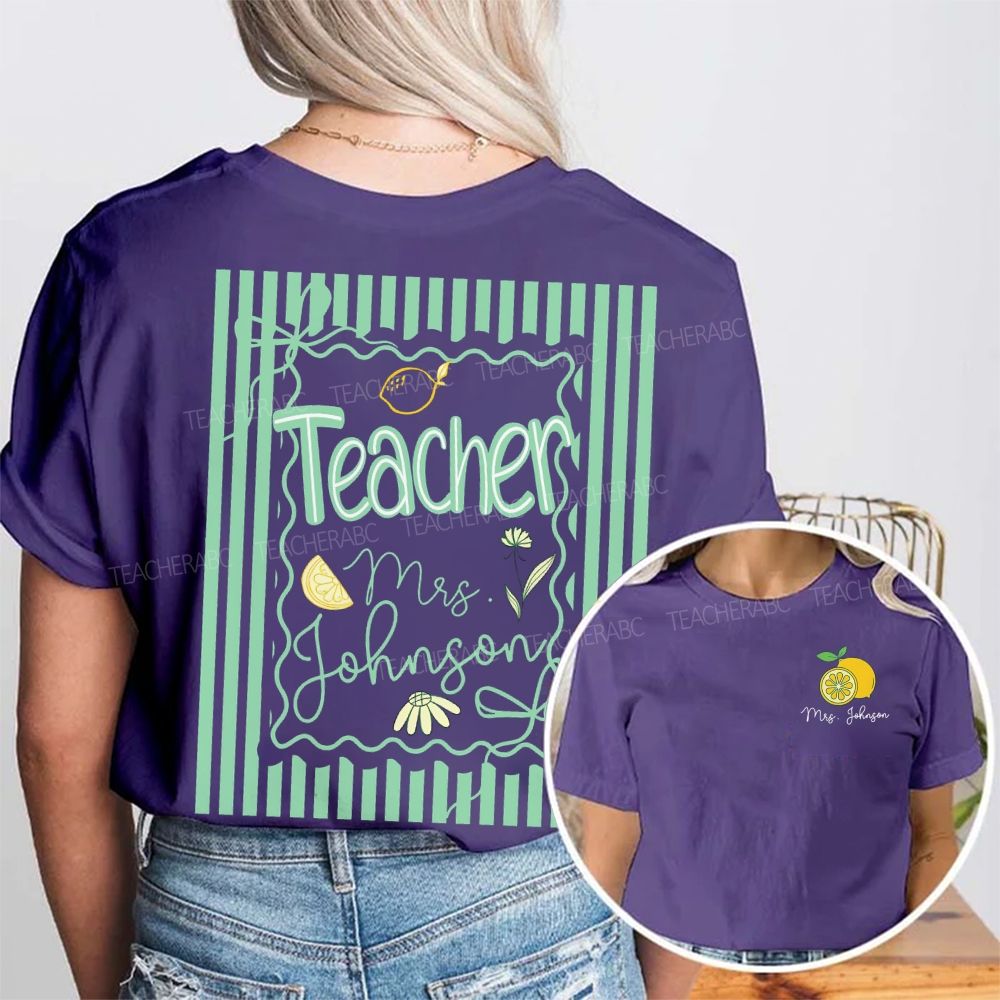 Personalized Name Teacher Lemon Pattern Double Printed T-shirt
