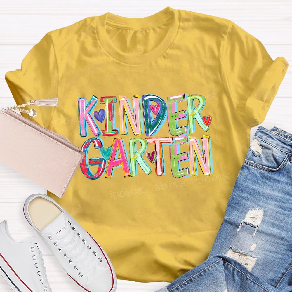 Personalized Grade Kindergarten Colored Fonts Teacher T-shirt