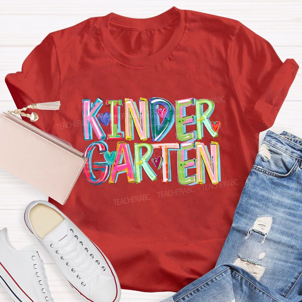 Personalized Grade Kindergarten Colored Fonts Teacher T-shirt