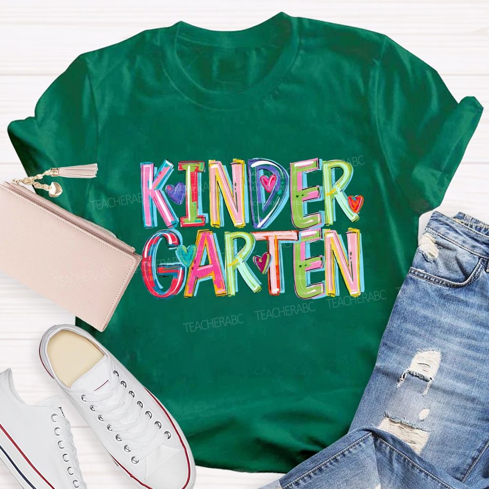 Personalized Grade Kindergarten Colored Fonts Teacher T-shirt