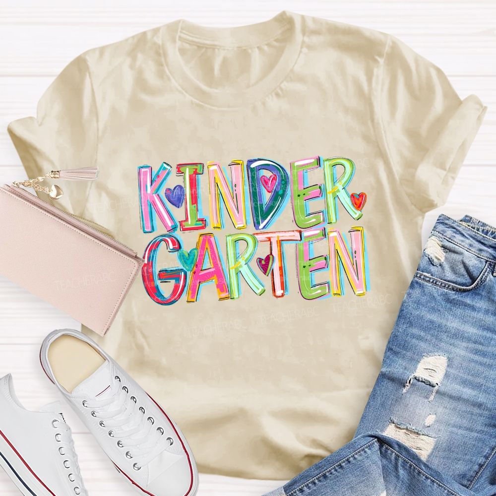 Personalized Grade Kindergarten Colored Fonts Teacher T-shirt