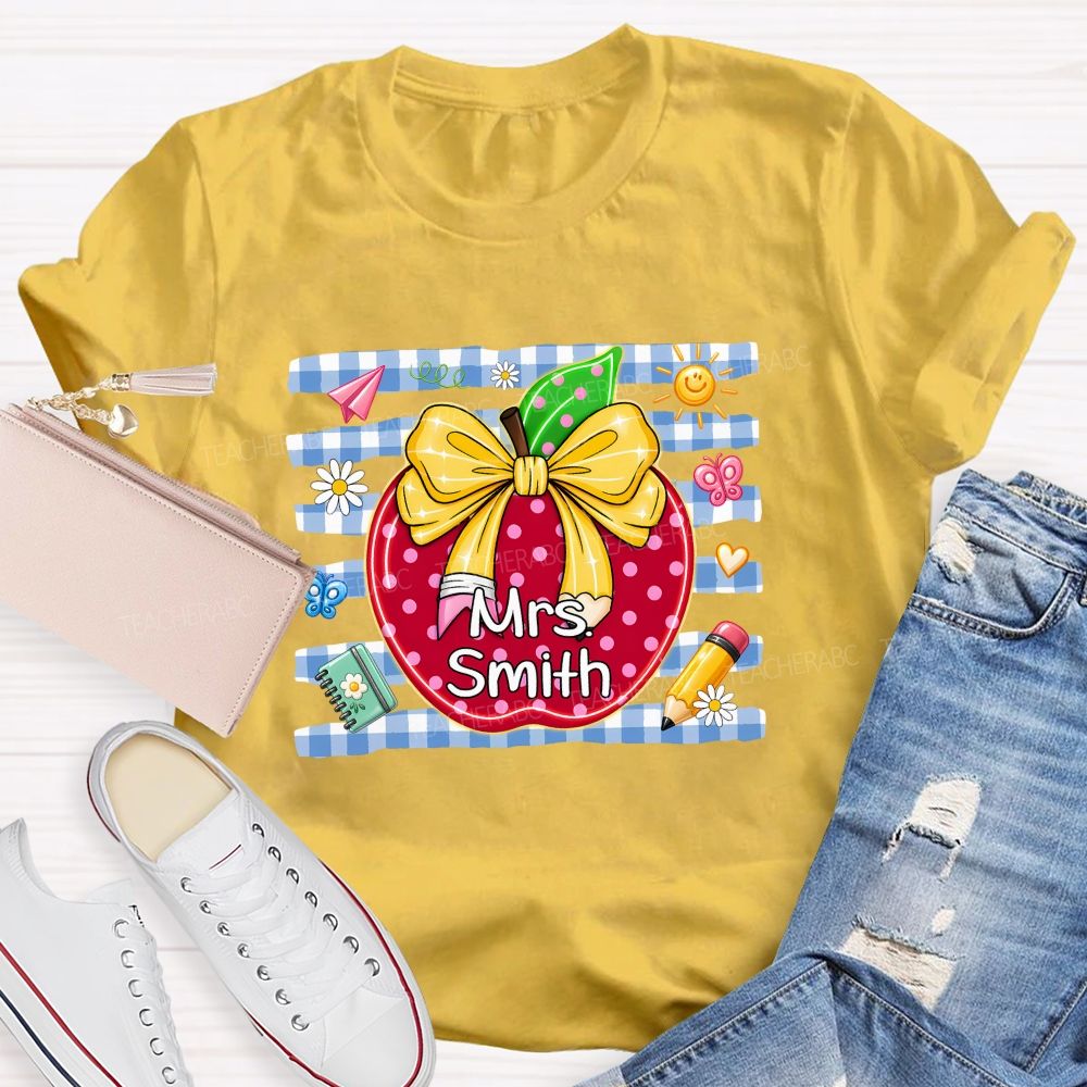 Personalized Name Polka Dot Apple And Bow Teacher T-shirt