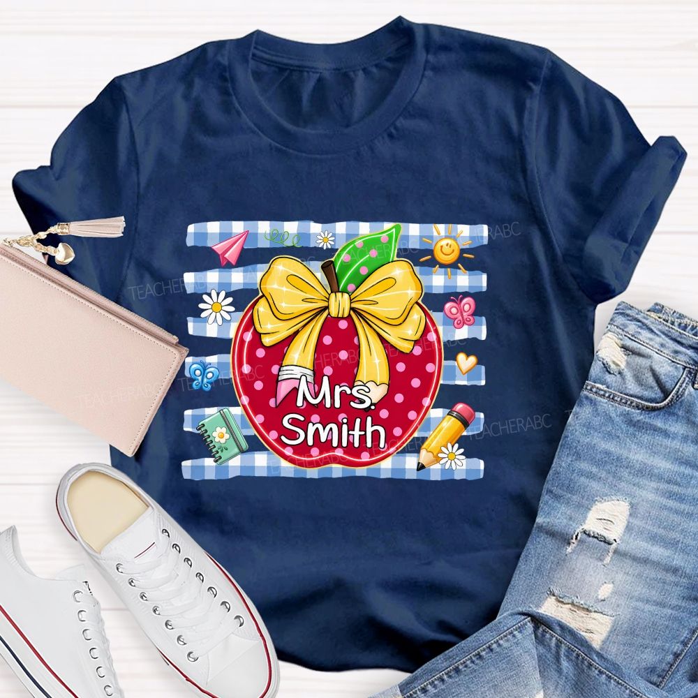 Personalized Name Polka Dot Apple And Bow Teacher T-shirt