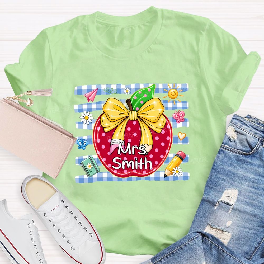 Personalized Name Polka Dot Apple And Bow Teacher T-shirt