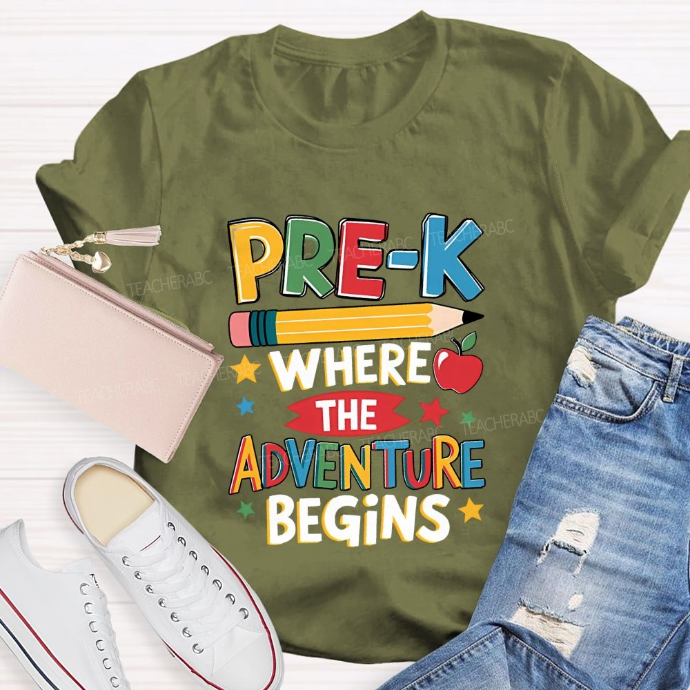 Personalized Grade Pre-K Where The Adventure Begins Teacher T-shirt