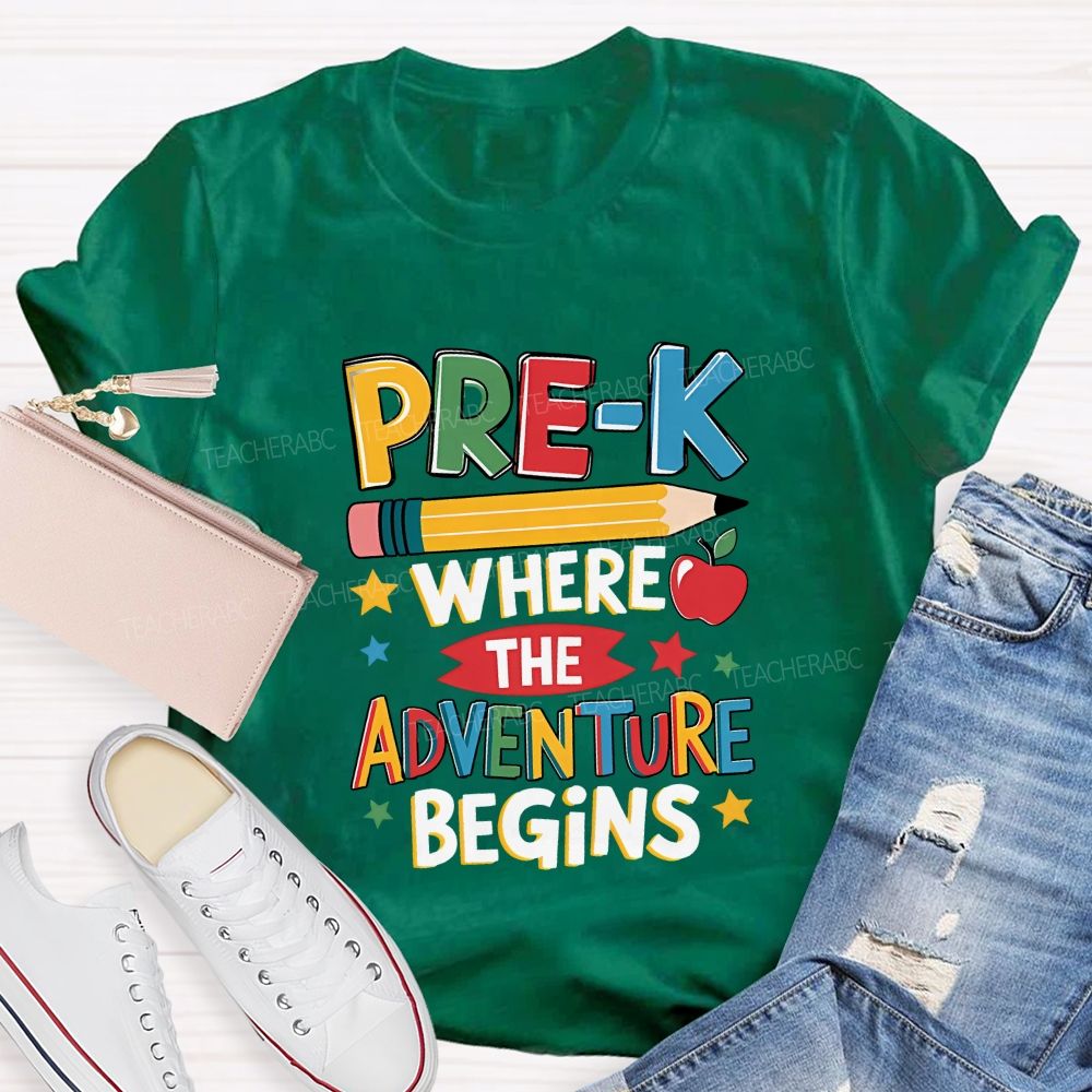 Personalized Grade Pre-K Where The Adventure Begins Teacher T-shirt