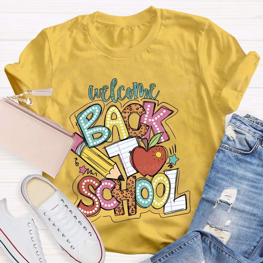 Welcome Back To School Pencil Leopard Print Letters Graphic Teacher T-shirt