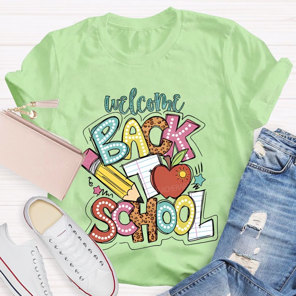 Welcome Back To School Pencil Leopard Print Letters Graphic Teacher T-shirt
