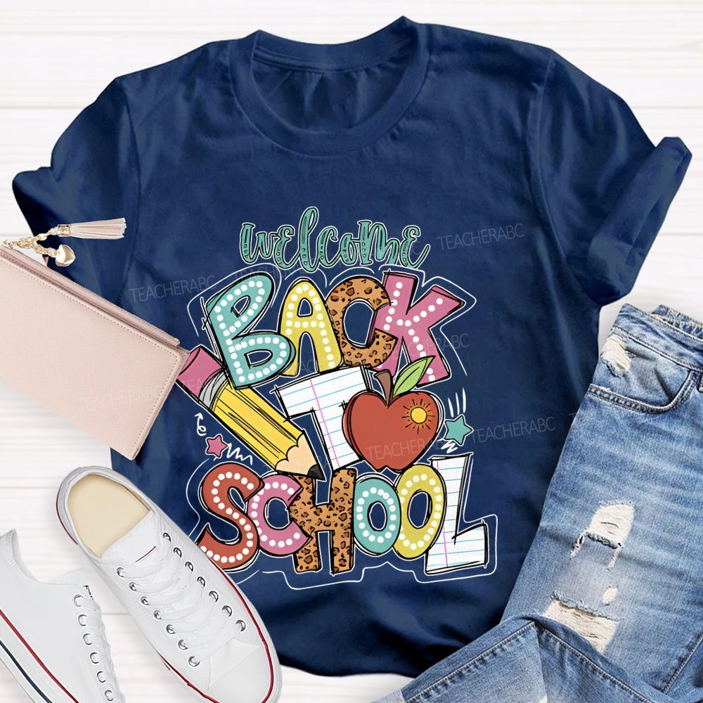 Welcome Back To School Pencil Leopard Print Letters Graphic Teacher T-shirt