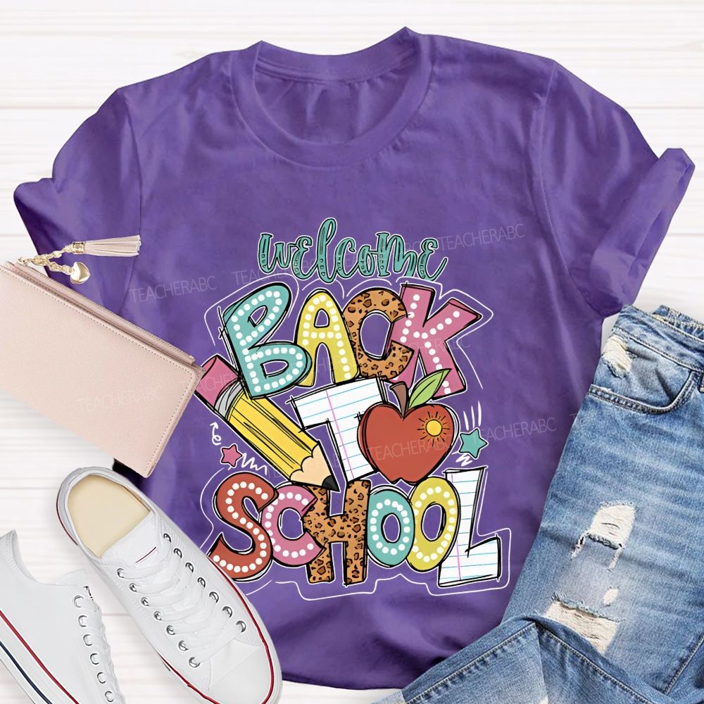 Welcome Back To School Pencil Leopard Print Letters Graphic Teacher T-shirt