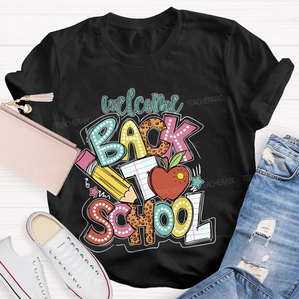 Welcome Back To School Pencil Leopard Print Letters Graphic Teacher T-shirt