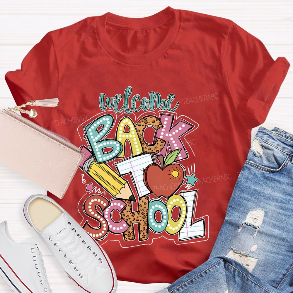 Welcome Back To School Pencil Leopard Print Letters Graphic Teacher T-shirt