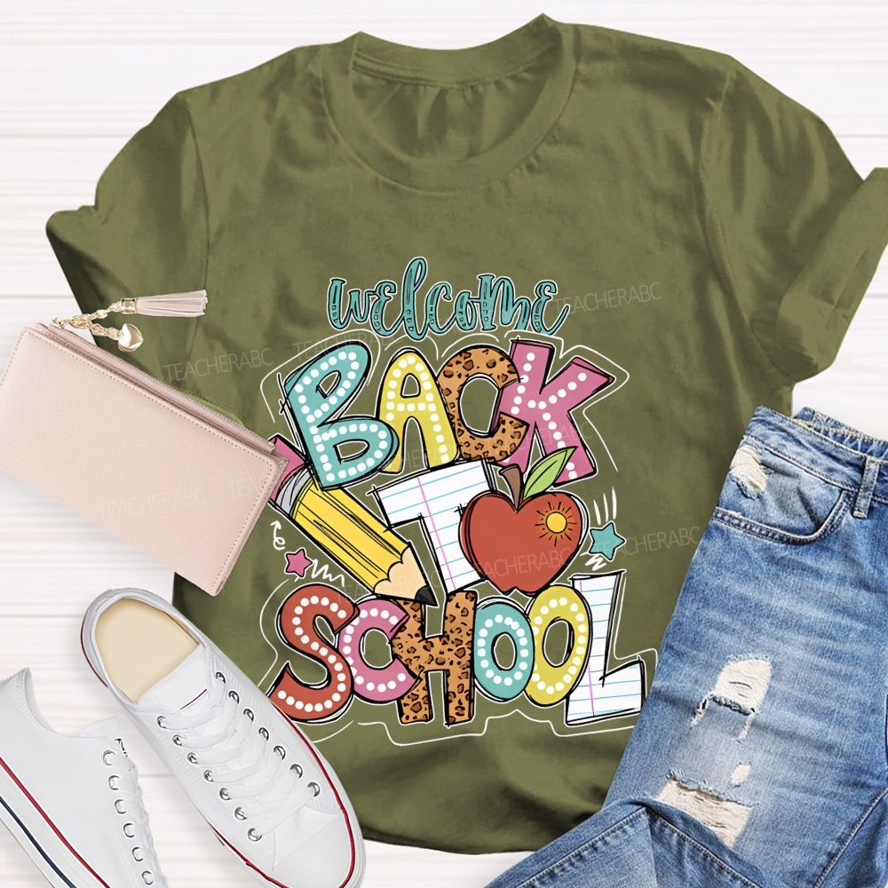 Welcome Back To School Pencil Leopard Print Letters Graphic Teacher T-shirt