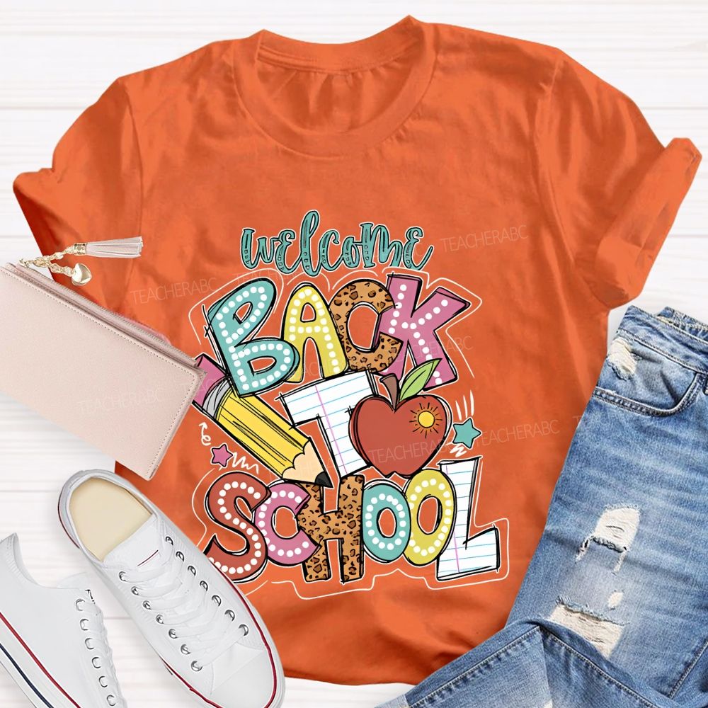 Welcome Back To School Pencil Leopard Print Letters Graphic Teacher T-shirt