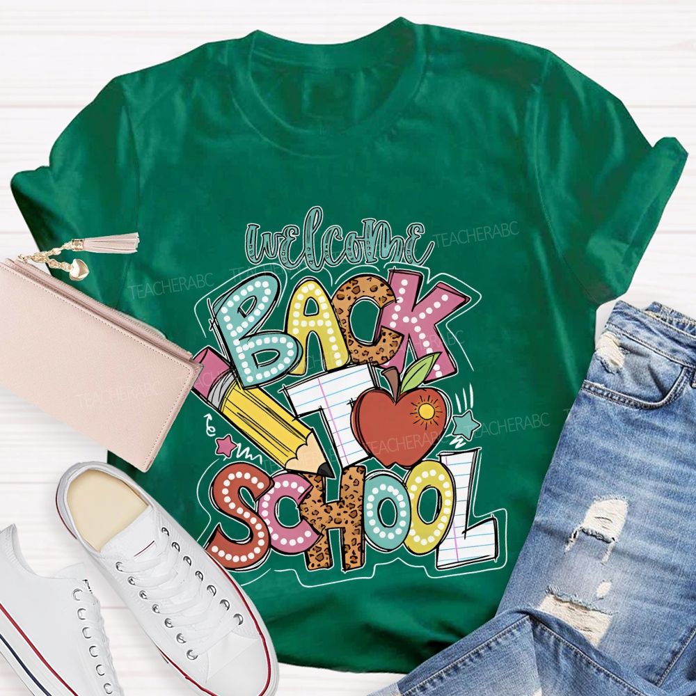 Welcome Back To School Pencil Leopard Print Letters Graphic Teacher T-shirt