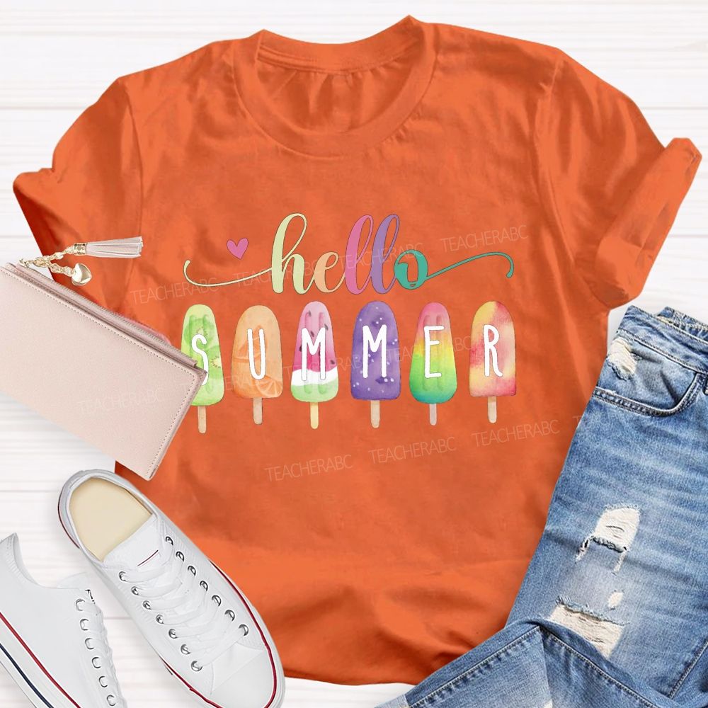 Hello Summer Color Gradient Font Summer Break Teacher T-shirt