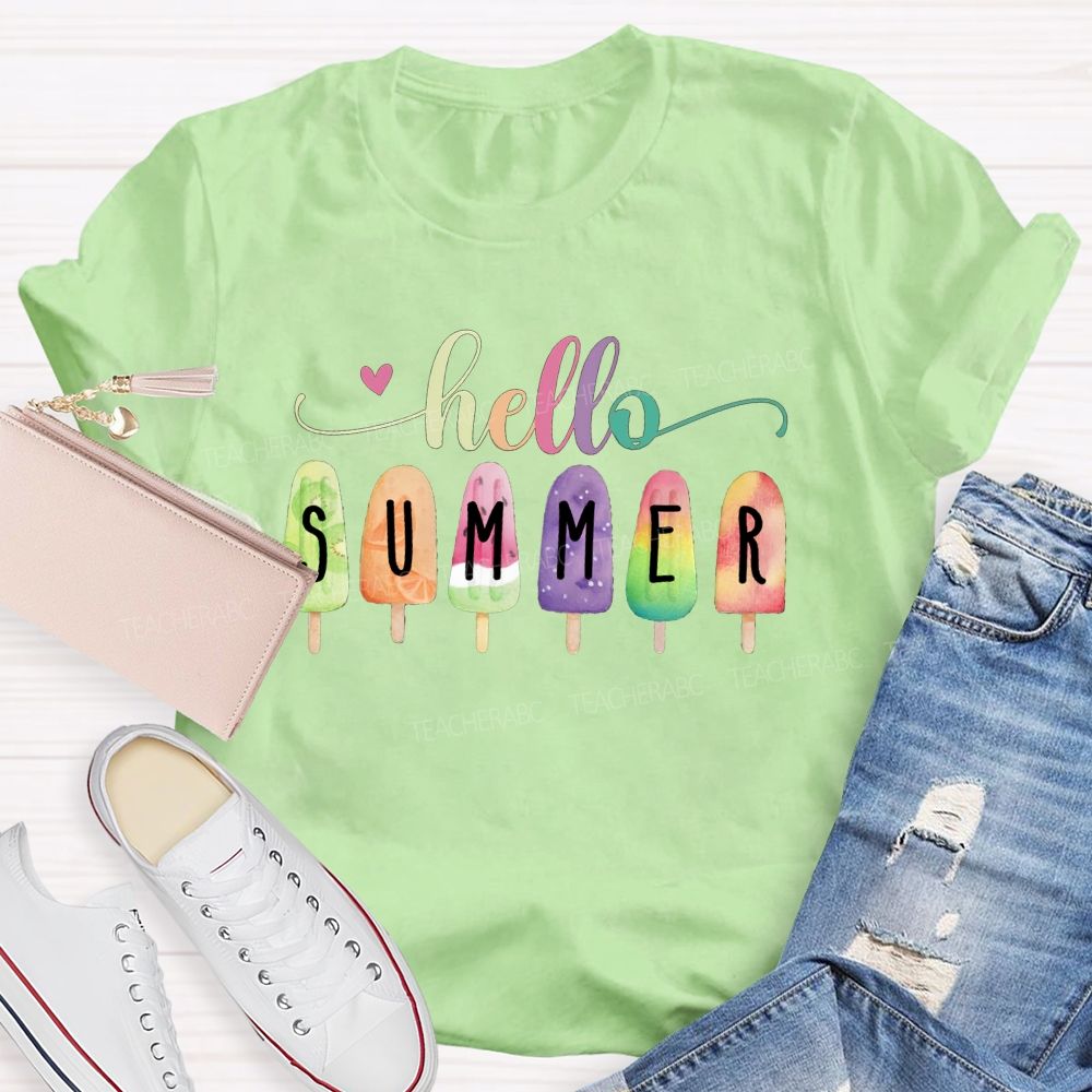 Hello Summer Color Gradient Font Summer Break Teacher T-shirt