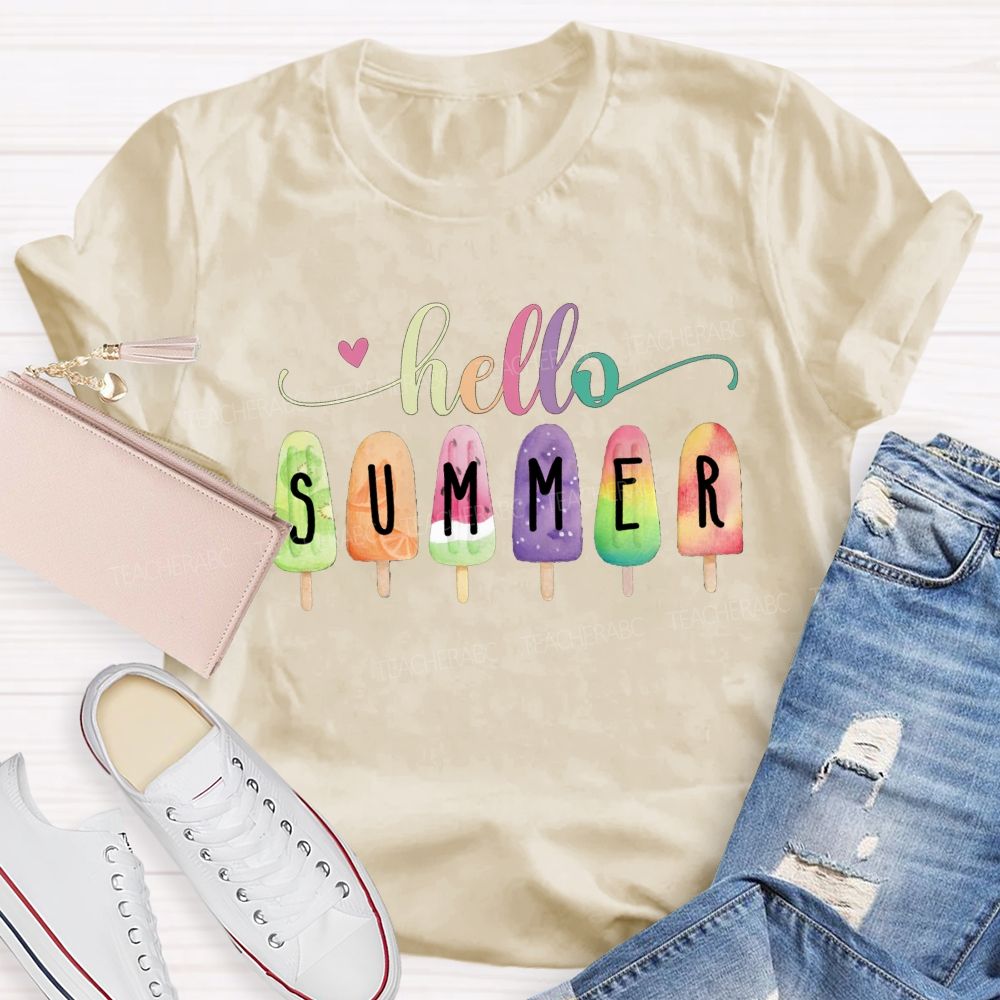 Hello Summer Color Gradient Font Summer Break Teacher T-shirt