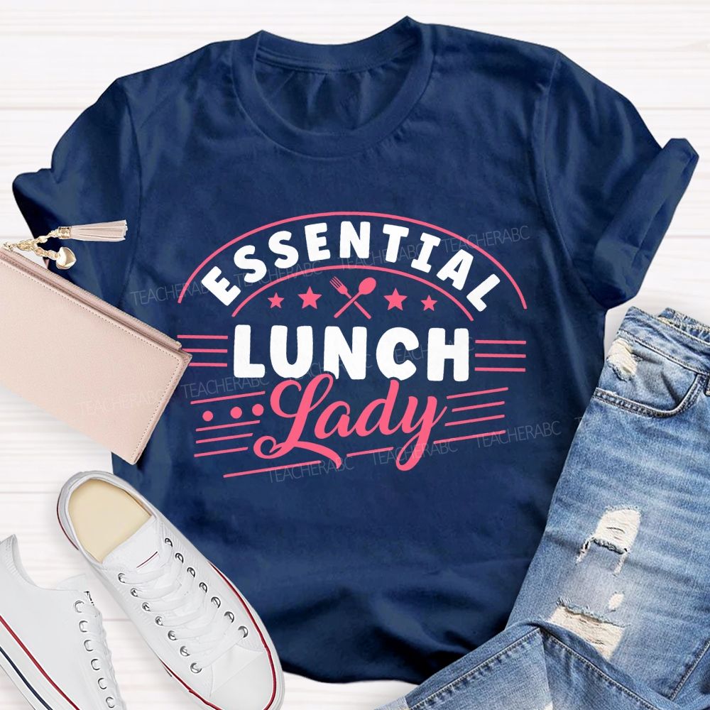 Essential Lunch Lady Pink Star Apple Teacher T-shirt