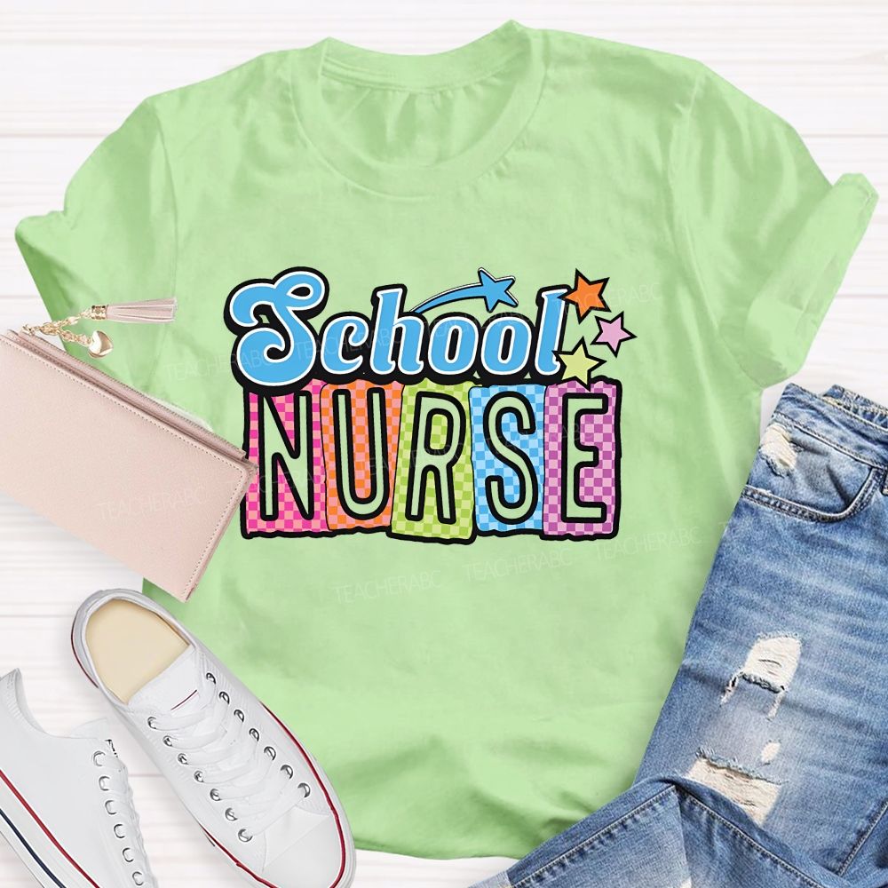 School Nurse Colorful Letters Graphics Teacher T-shirt