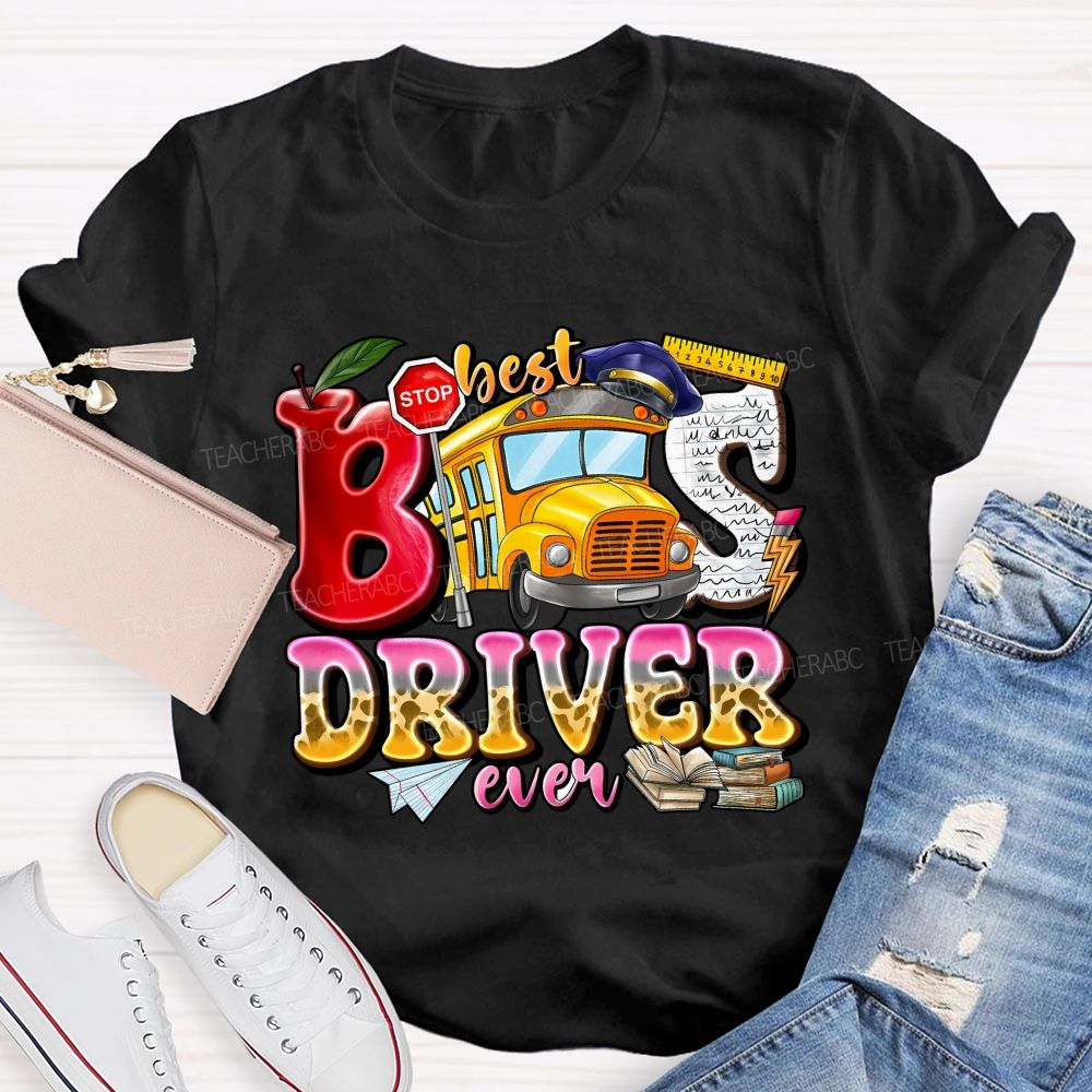 Best Bus Driver Ever Leopard Print Gradient Font Teacher T-shirt