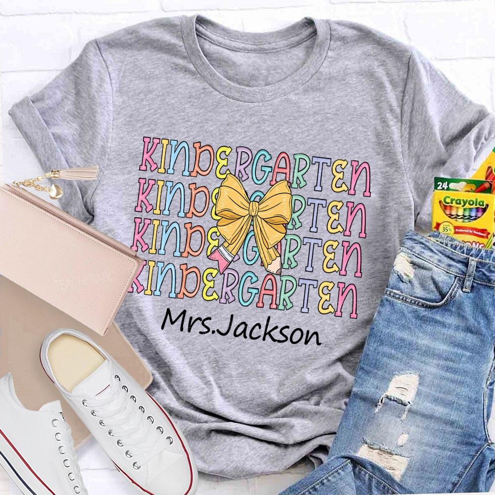 Personalized Grade And Name Kindergarten Colorful Letters Teacher T-shirt