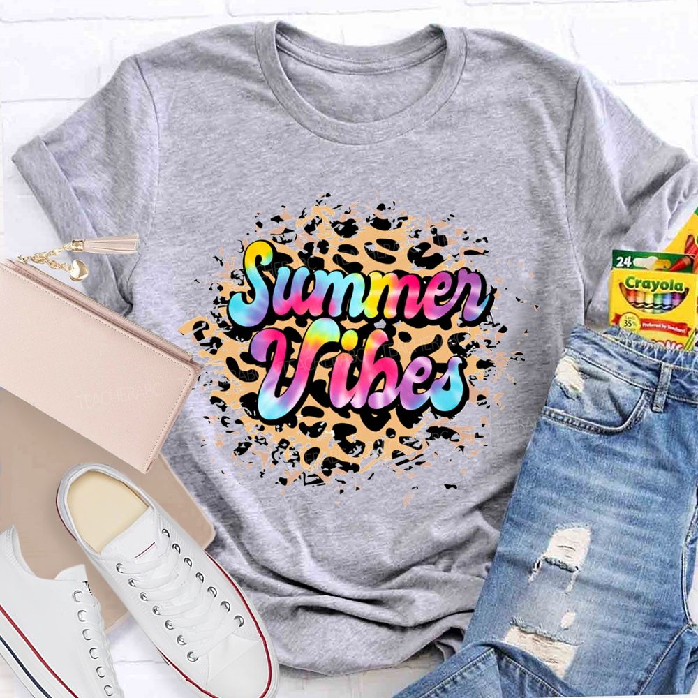 Summer Vibes Tie-Dye Gradient Font Teacher T-shirt