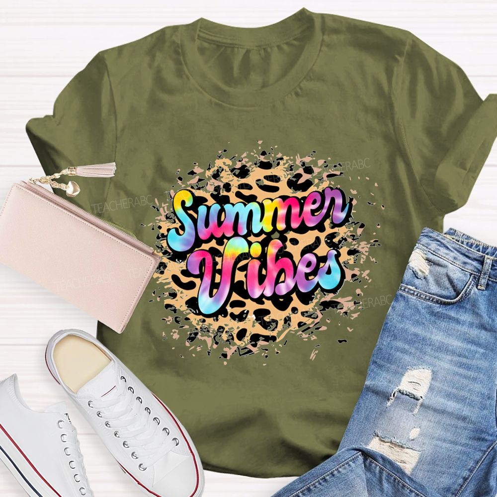 Summer Vibes Tie-Dye Gradient Font Teacher T-shirt