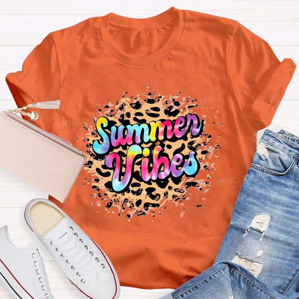 Summer Vibes Tie-Dye Gradient Font Teacher T-shirt