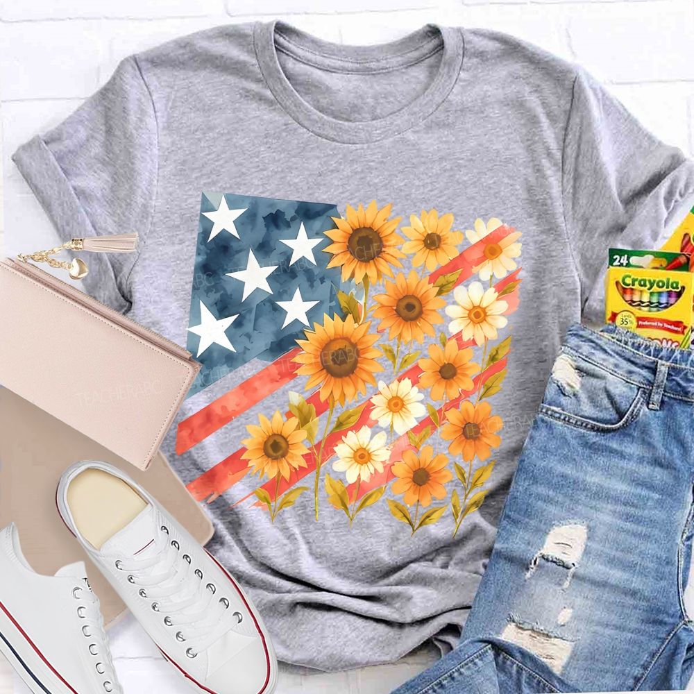 Independence Day Flag Flowers Teacher T-shirt