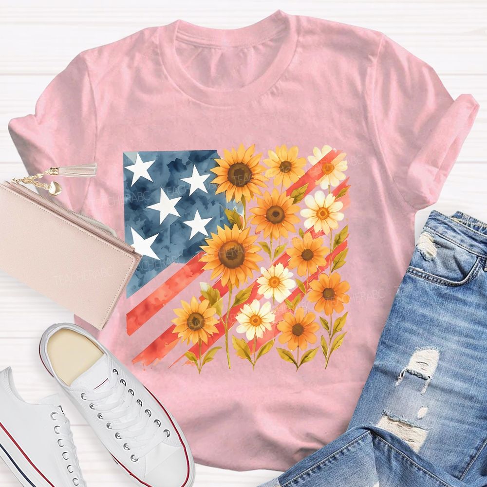 Independence Day Flag Flowers Teacher T-shirt
