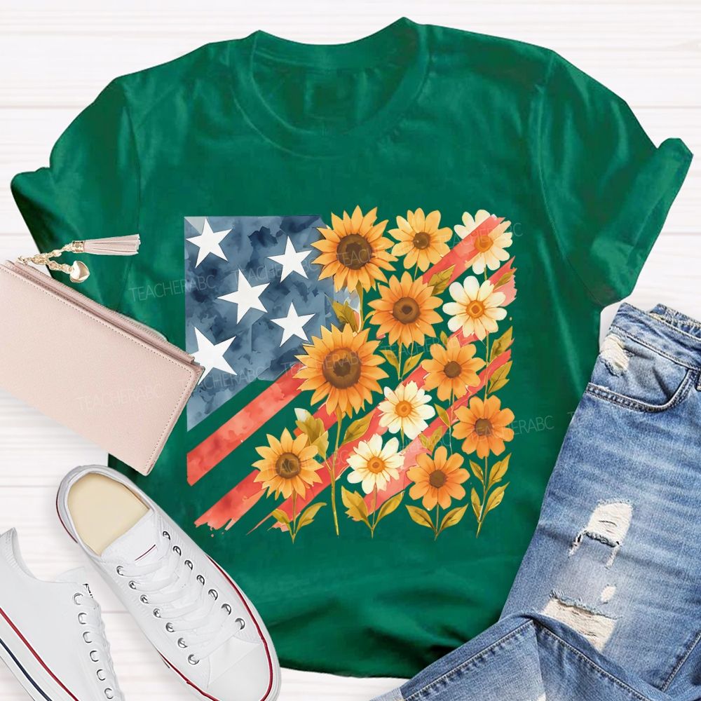 Independence Day Flag Flowers Teacher T-shirt