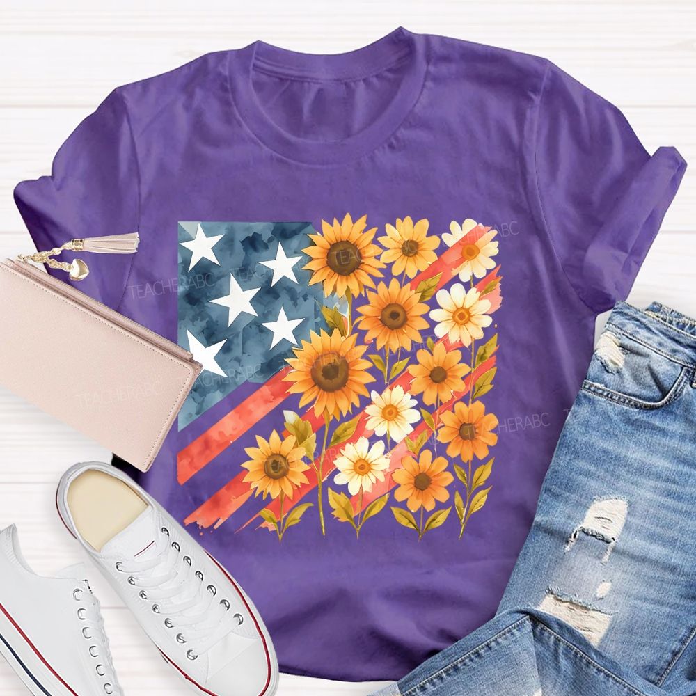 Independence Day Flag Flowers Teacher T-shirt