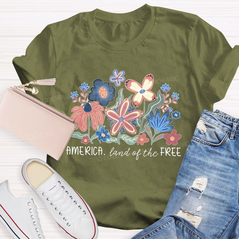 America Land Of The Free Flowers Teacher T-shirt