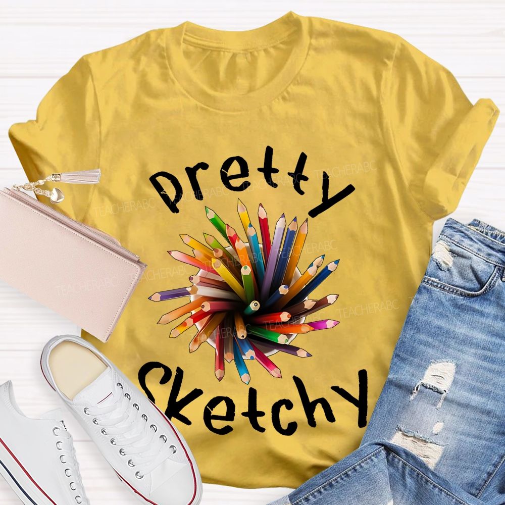 Pretty Sketchy Colorful Pencils Shapes Teacher T-shirt