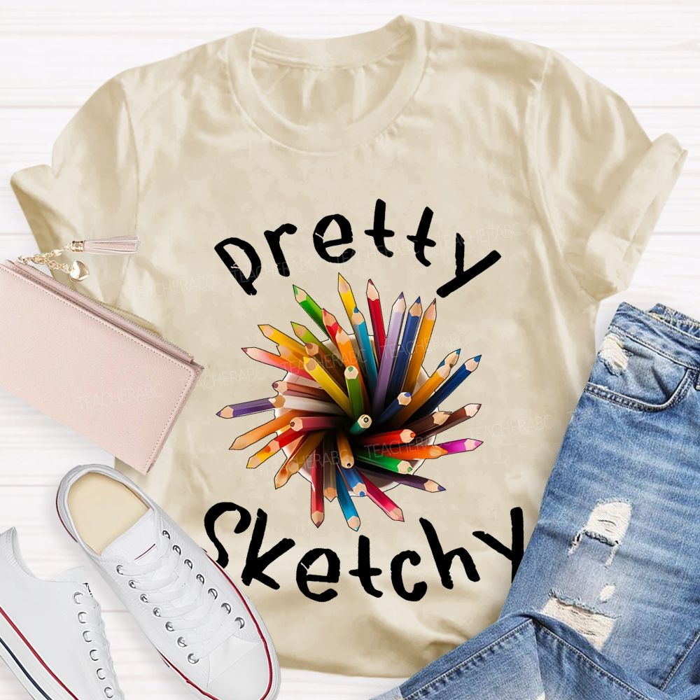 Pretty Sketchy Colorful Pencils Shapes Teacher T-shirt