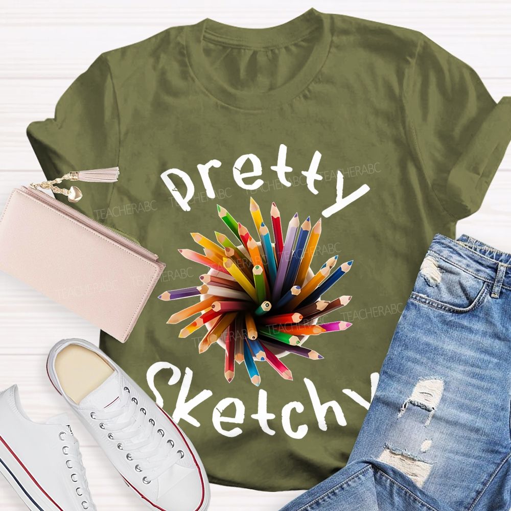 Pretty Sketchy Colorful Pencils Shapes Teacher T-shirt