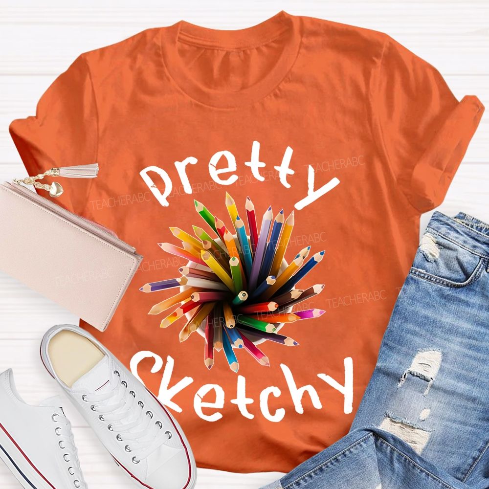 Pretty Sketchy Colorful Pencils Shapes Teacher T-shirt