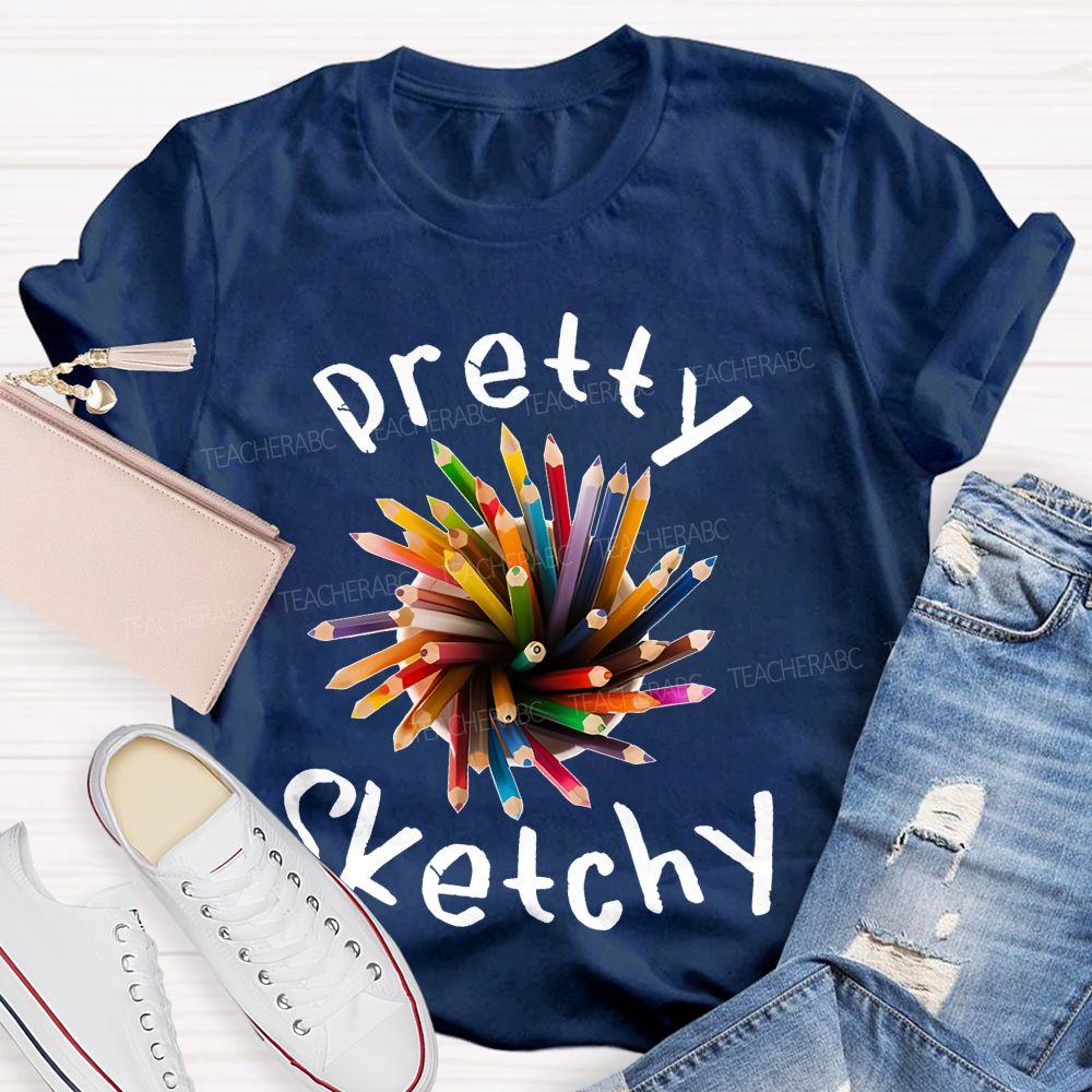 Pretty Sketchy Colorful Pencils Shapes Teacher T-shirt